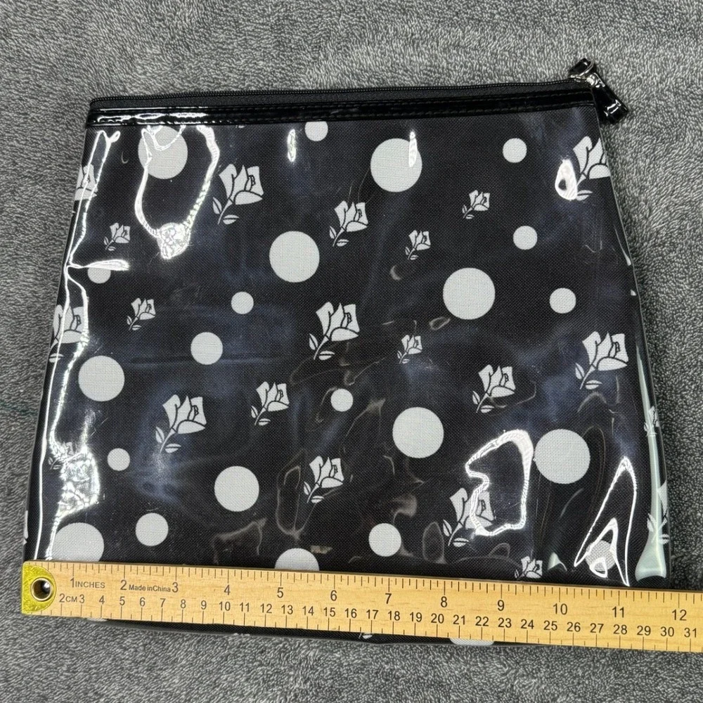 Lancome Black White Polka Dot Rose Floral Vinyl Cosmetic Makeup Bag Pouch 12x9.5